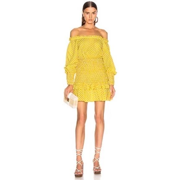 Alexis Marilena Smocked Polka Dot Off Shoulder Mini Dress yellow size large L - Picture 10 of 10